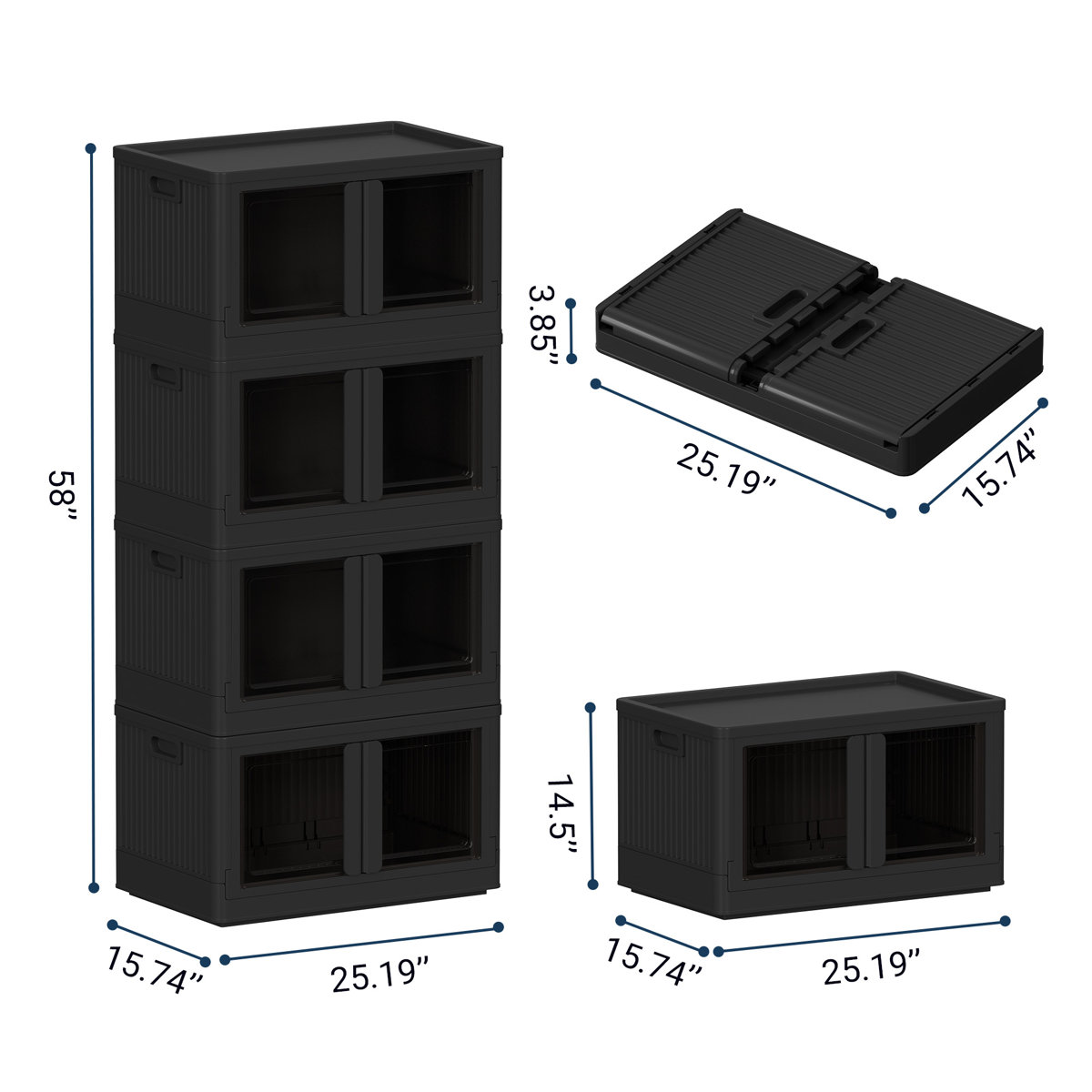 Stackable Collapsible Plastic Storage Bins with Lids,304 QT Closet Organizers with Doors, 25''L x 15.5''W x 56''H (Set of 4)